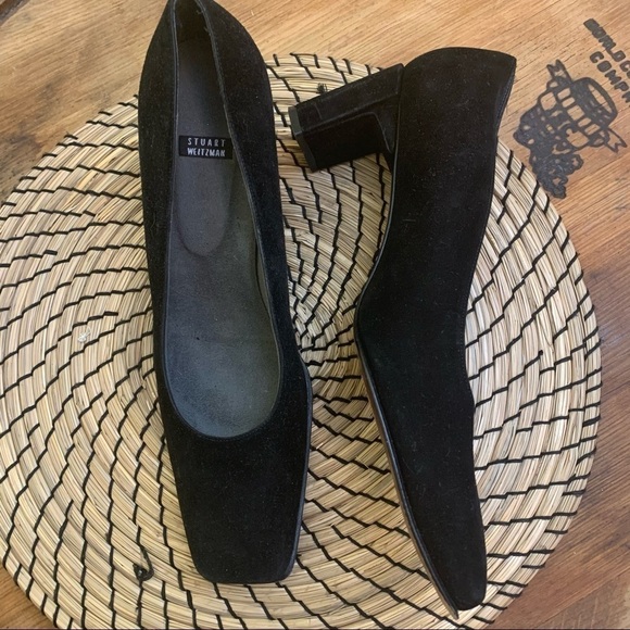 Stuart Weitzman || Black Suede Square Toe Block Heels 9.5 B - Picture 1 of 10